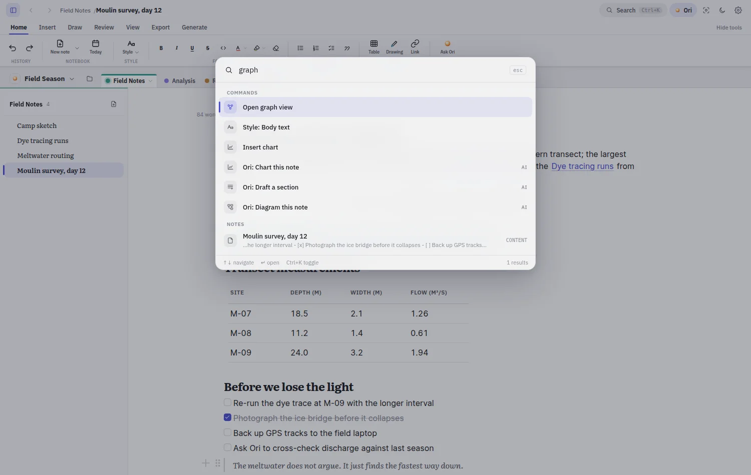 The command palette over the editor: commands, AI actions like Ori diagram this note, and full-text results from notes