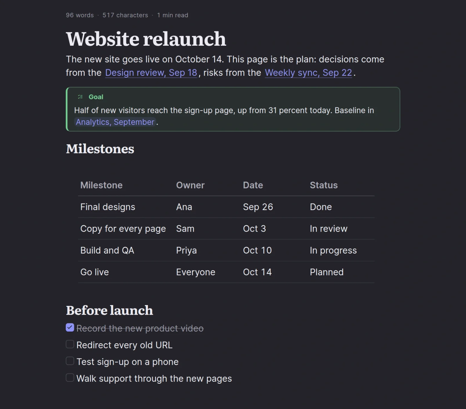 The note Website relaunch, as Ori Notebook shows it