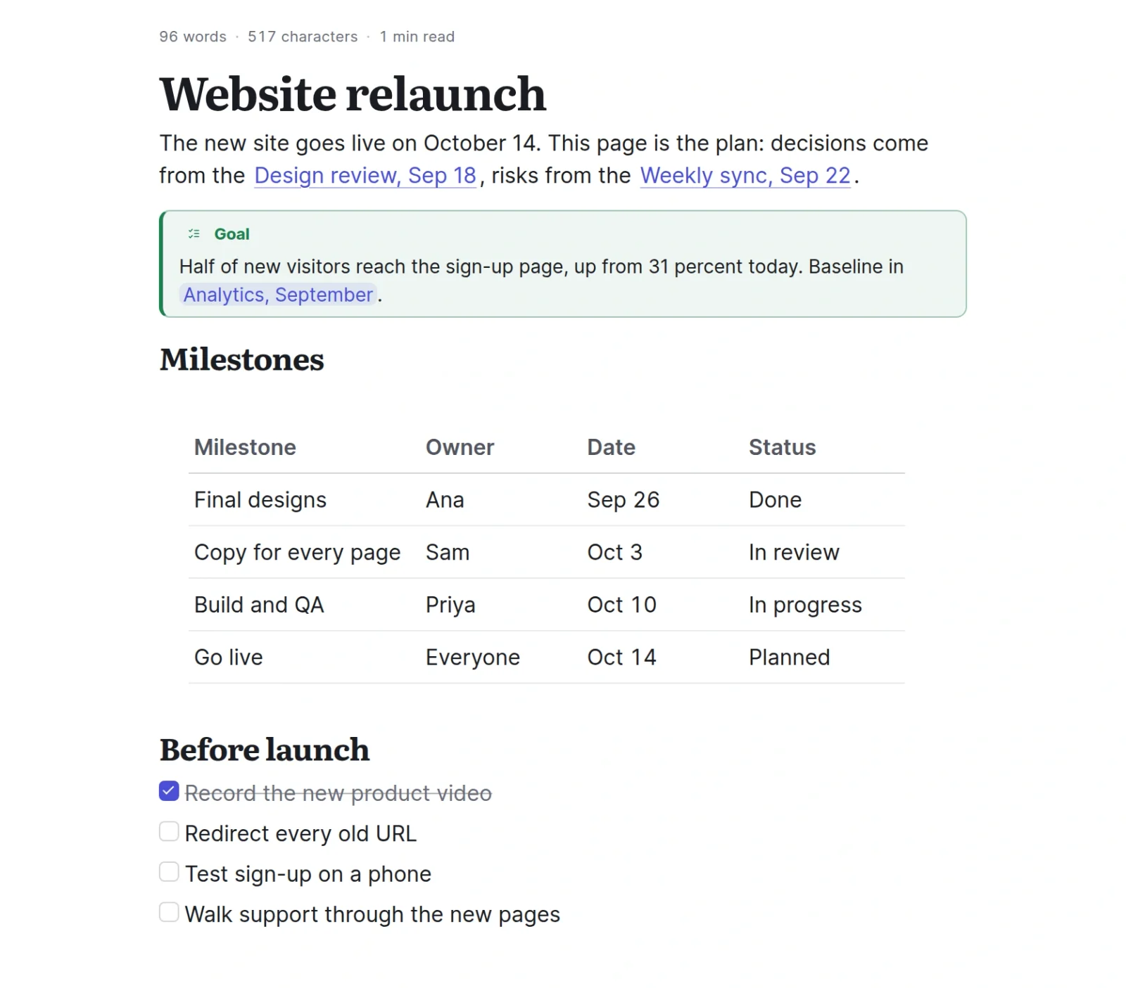 The note Website relaunch, as Ori Notebook shows it
